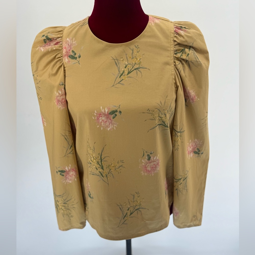 Rebecca Taylor Floral Puff Shoulder Blouse Mustard Yellow Size XS